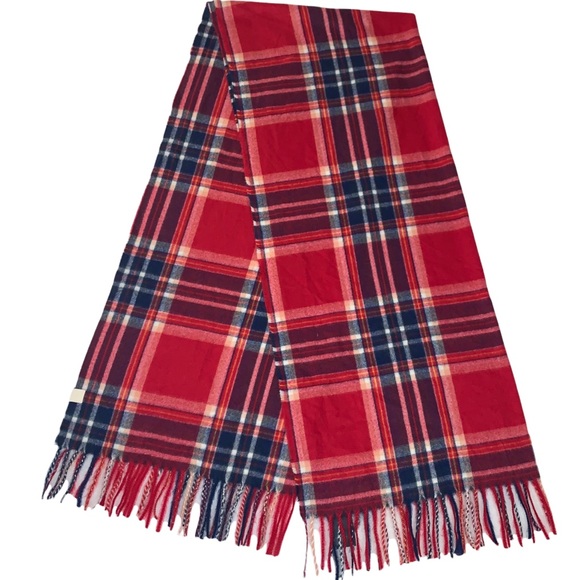 Hollister OS red, white & blue plaid soft Polyester/Viscose blend fringed scarf - Picture 2 of 16